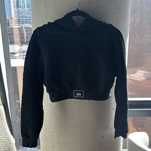 Alo Yoga Black Cropped Hoodie Sweatshirt – Textured | Size XS